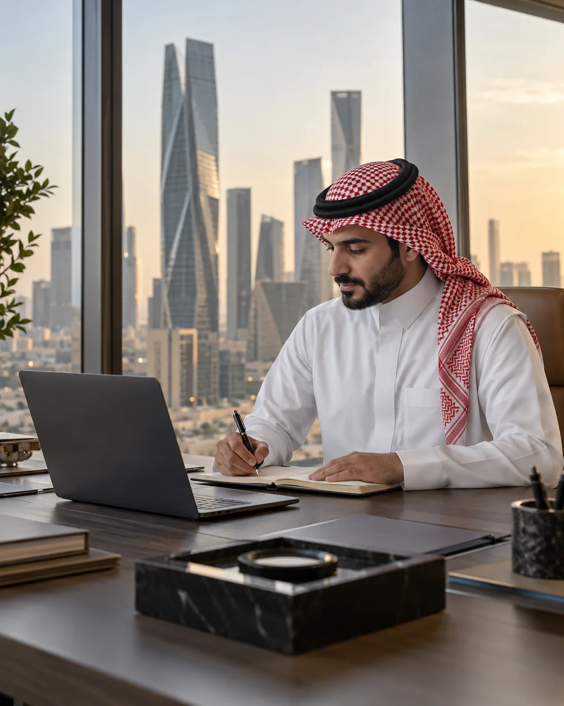 مدير تنفيذي سعودي يدوّن ملاحظات في مكتب بالرياض، وتظهر خلفه أبراج مركز الملك عبدالله المالي