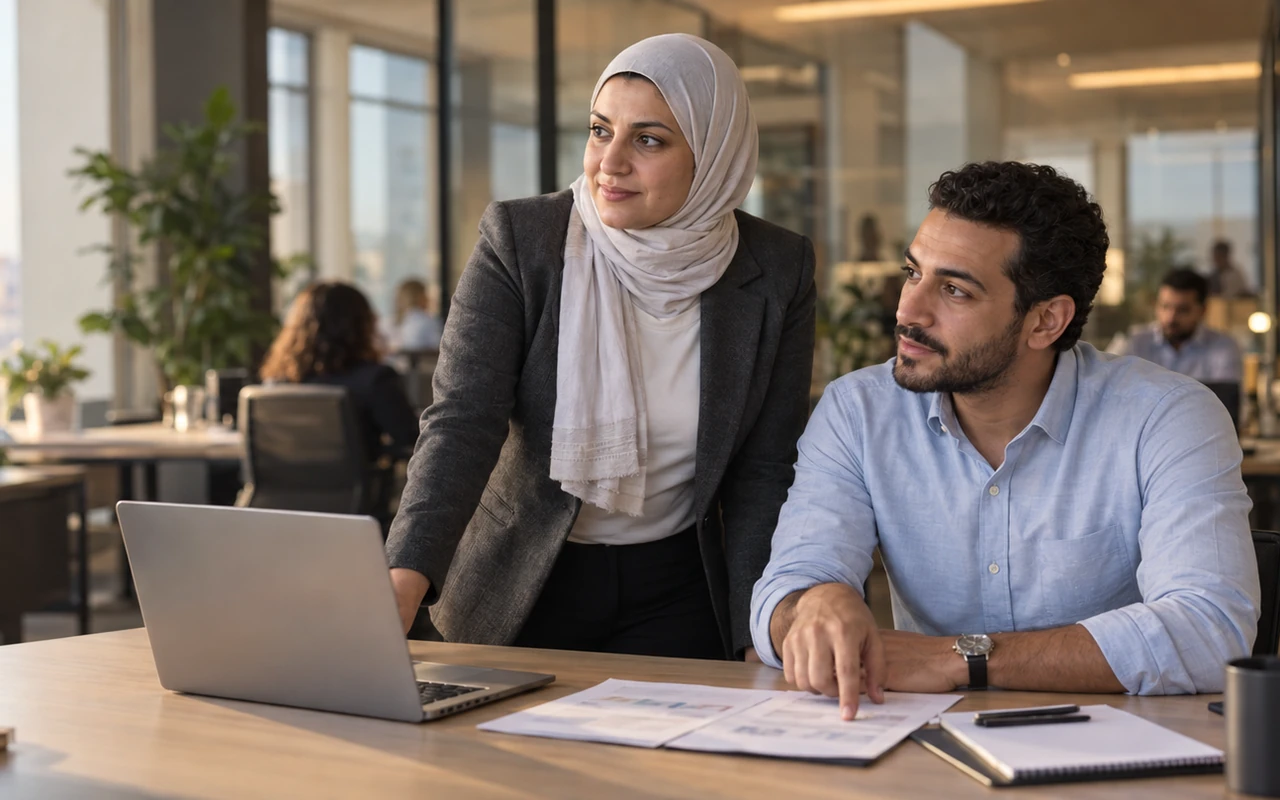 Compliance case manager and a colleague reviewing a case in a Cairo office