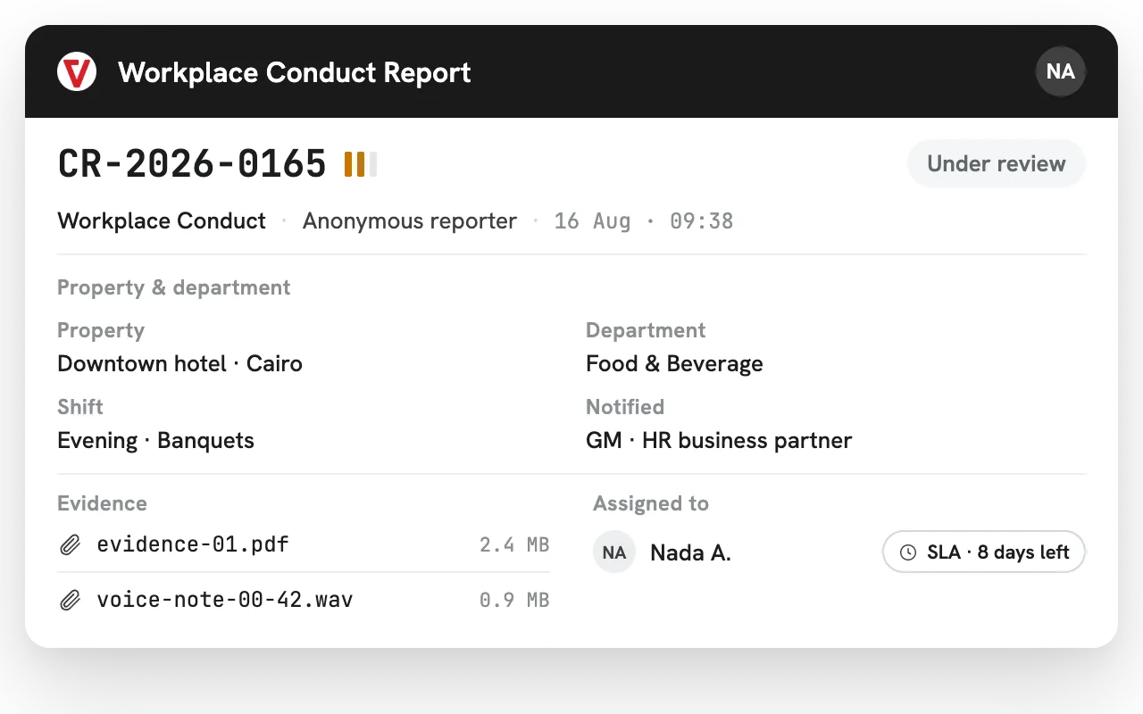 iVoiceUp case workspace for Hospitality