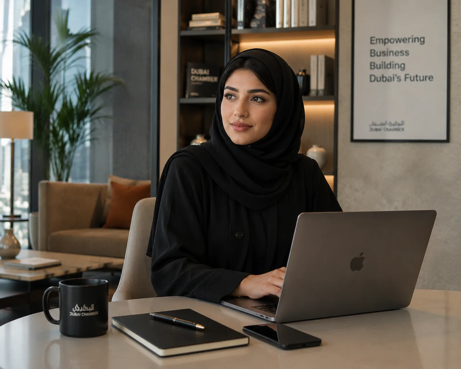 سيدة أعمال إماراتية تستخدم حاسوبًا محمولًا في مكتب حديث