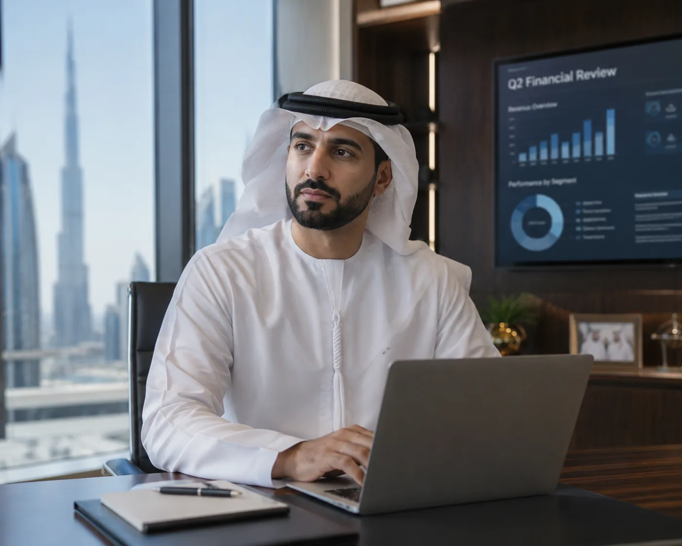 مدير تنفيذي إماراتي يراجع لوحات معلومات الامتثال في مكتب بدبي يطل على برج خليفة